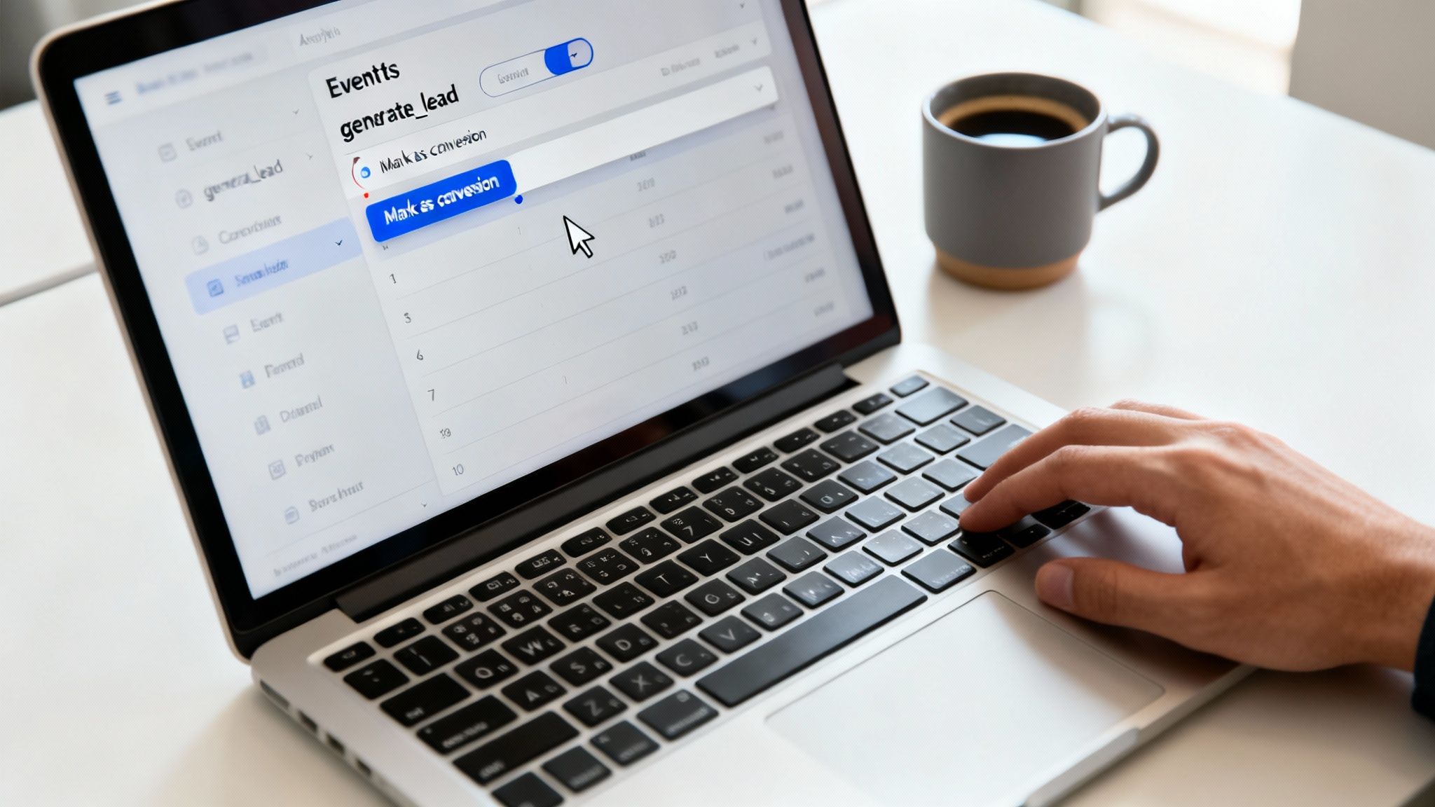 Person marking 'generate_lead' as a key event in a web analytics interface on a laptop.