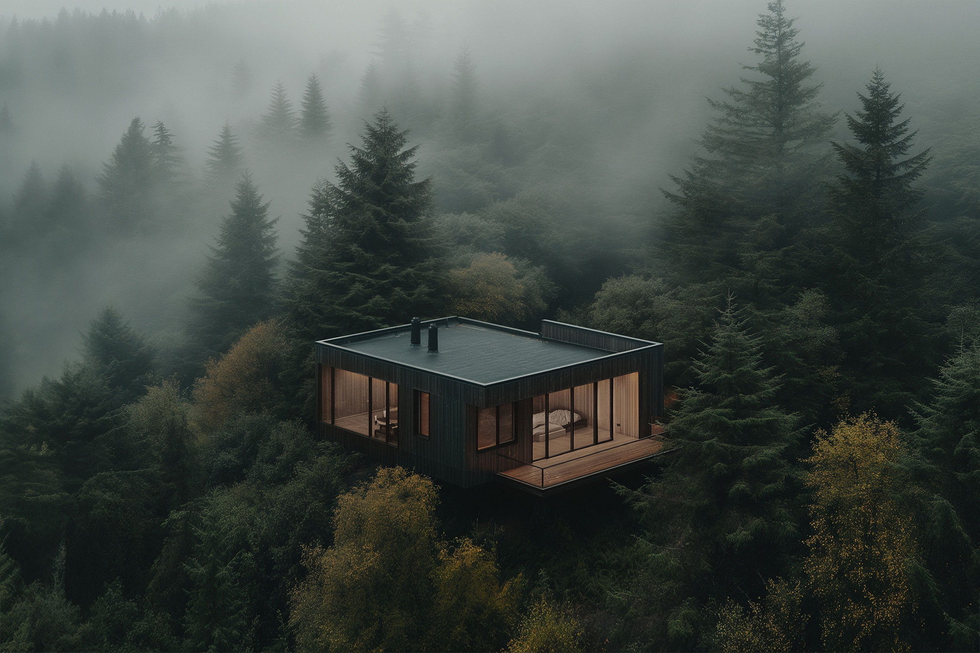 Modern rectangular cabin cantilevered above a misty evergreen forest with warm-lit