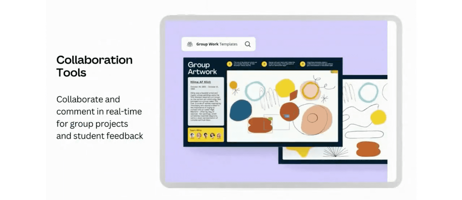 Example of Canva collaboration tools with a “Group Artwork” template on-screen. Text highlights real-time commenting and teamwork features for group projects and student feedback.