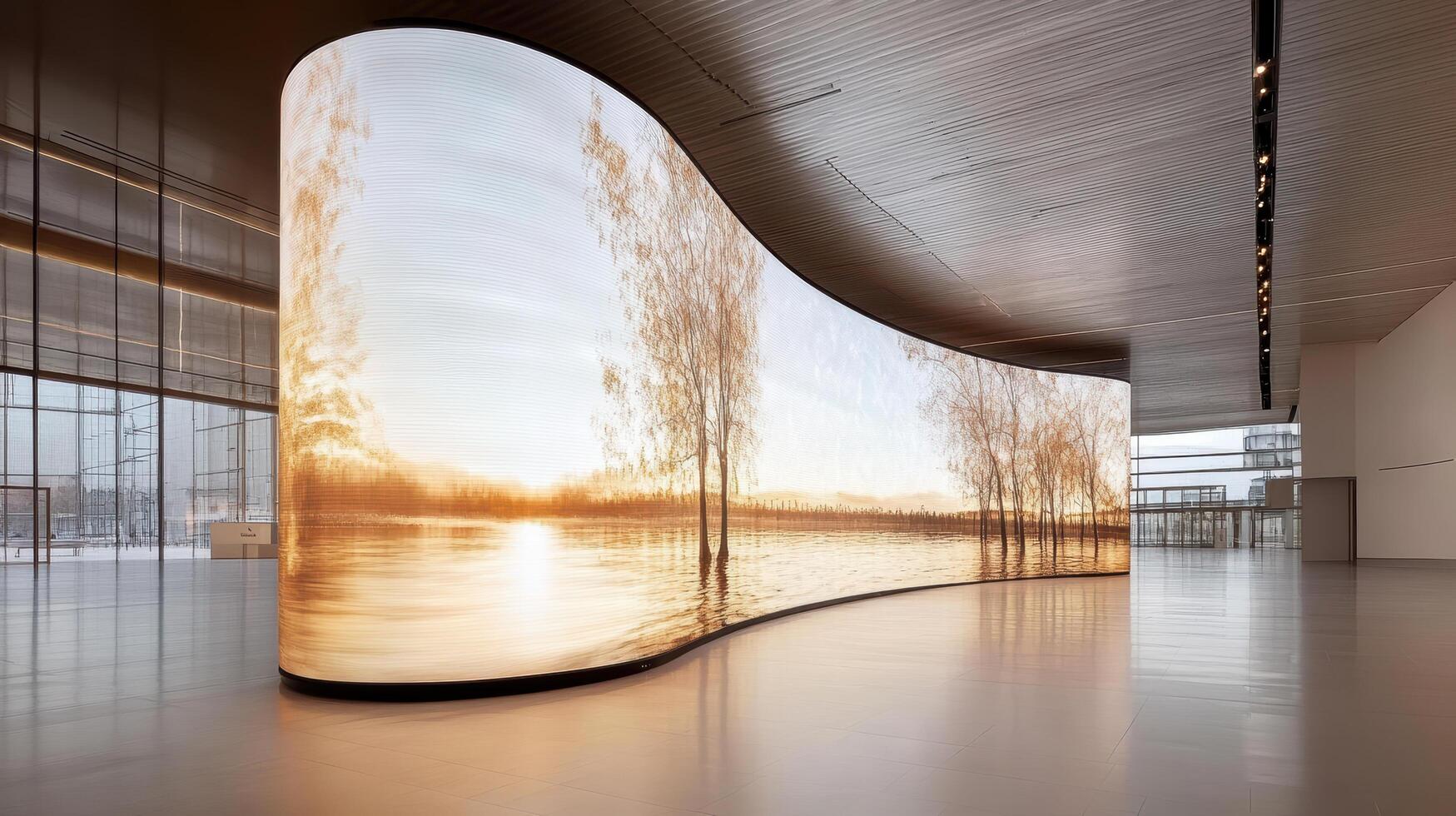 High-resolution curved LED video wall installed in a spacious lobby, presenting a dynamic landscape visual.