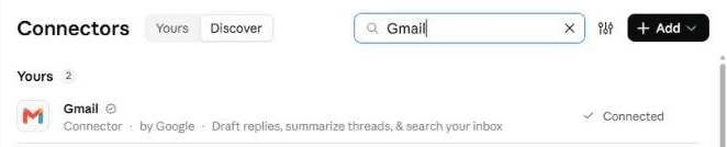 Claude's Connectors page with Gmail connected, so the daily industry news briefing can read newsletters and email you