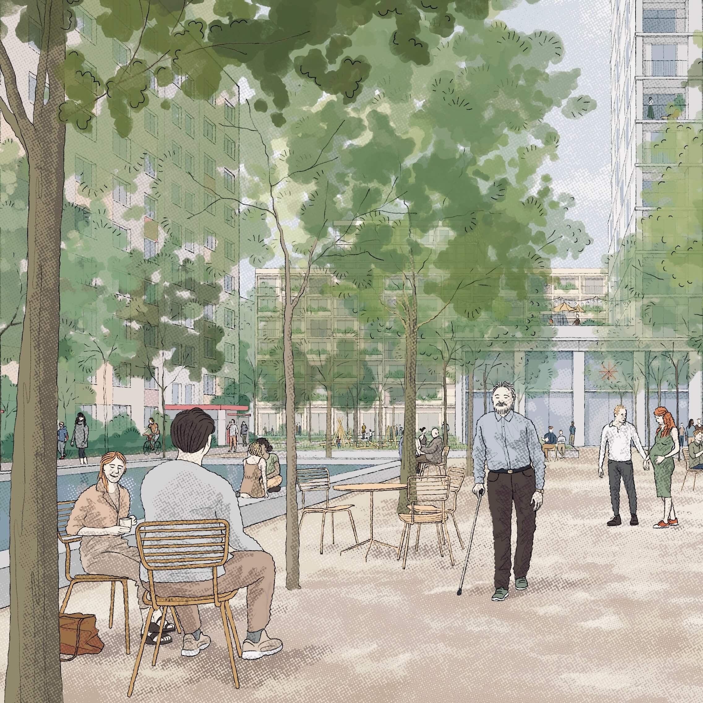 A serene park scene with people sitting on benches and walking among trees and lush greenery.