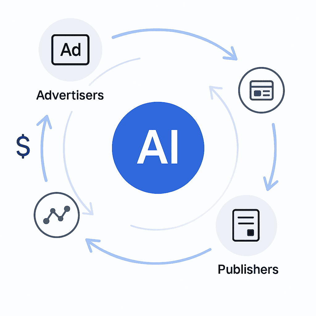 Flow graphic of Perplexity linking advertisers, publishers and analytics in a revenue feedback loop