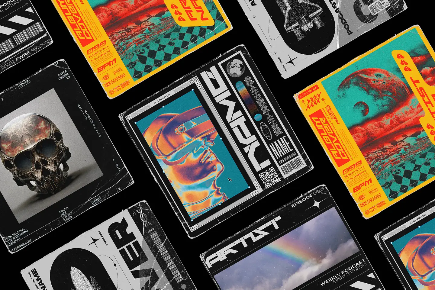 Selection of five bold album cover design templates featuring sci-fi and brutalist aesthetic elements