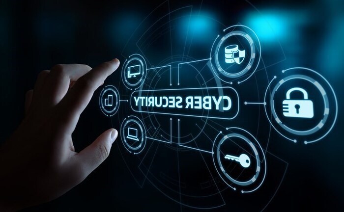 A hand reaches towards digital icons depicting cybersecurity, including a lock and network symbols, on a blue background.