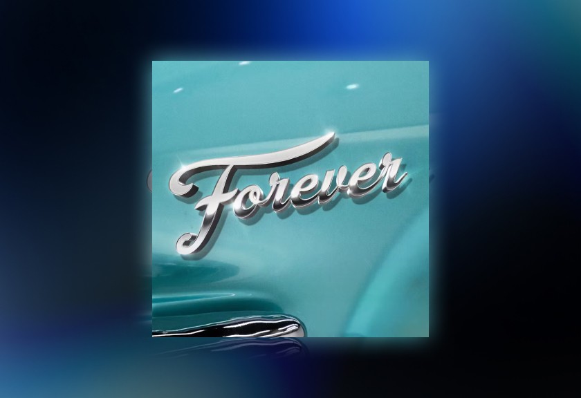 Playful engagement invite with neon-style ‘Forever’ lettering on shiny blue background