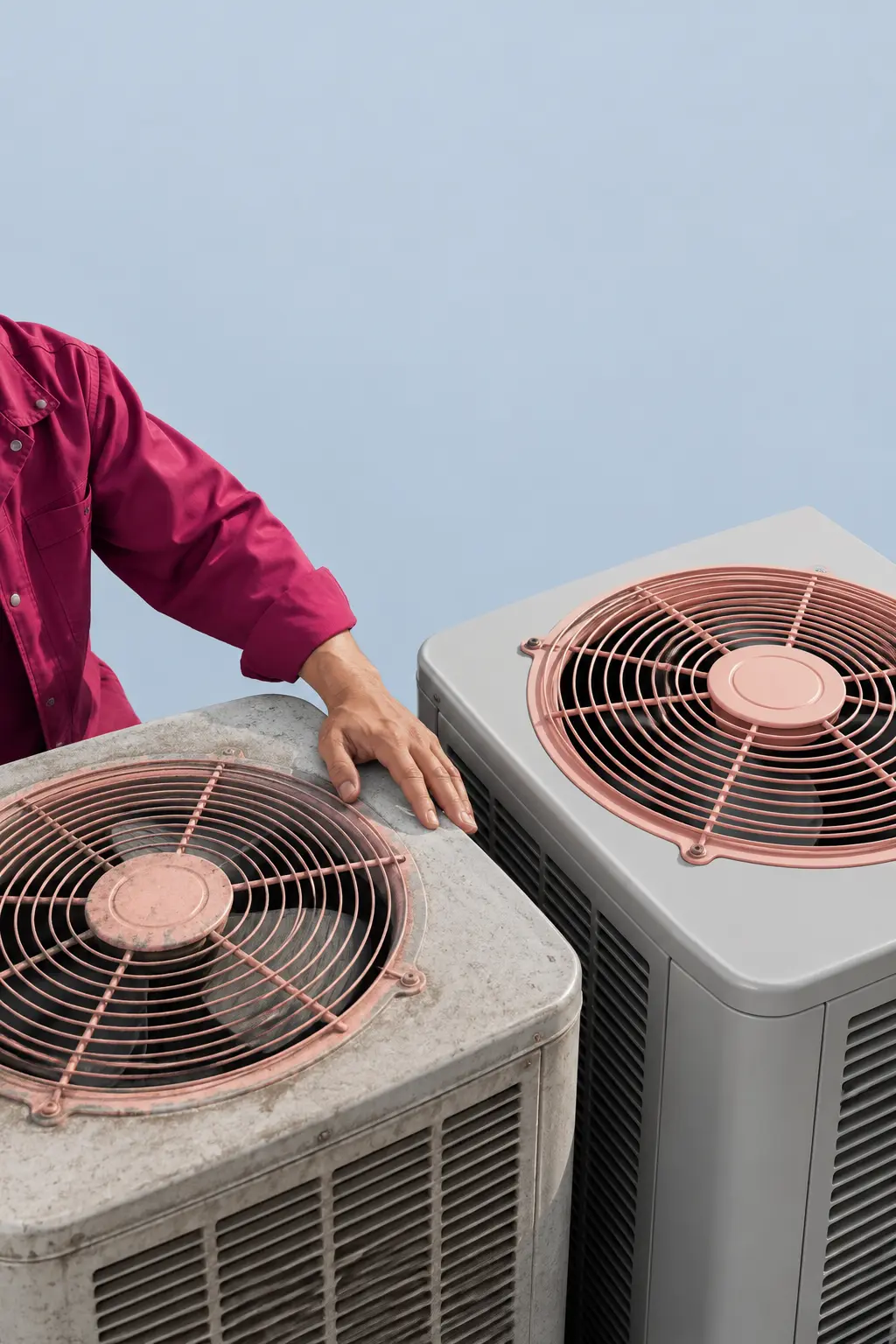 An older weathered AC unit next to a new one, with a technician's hand on the old unit