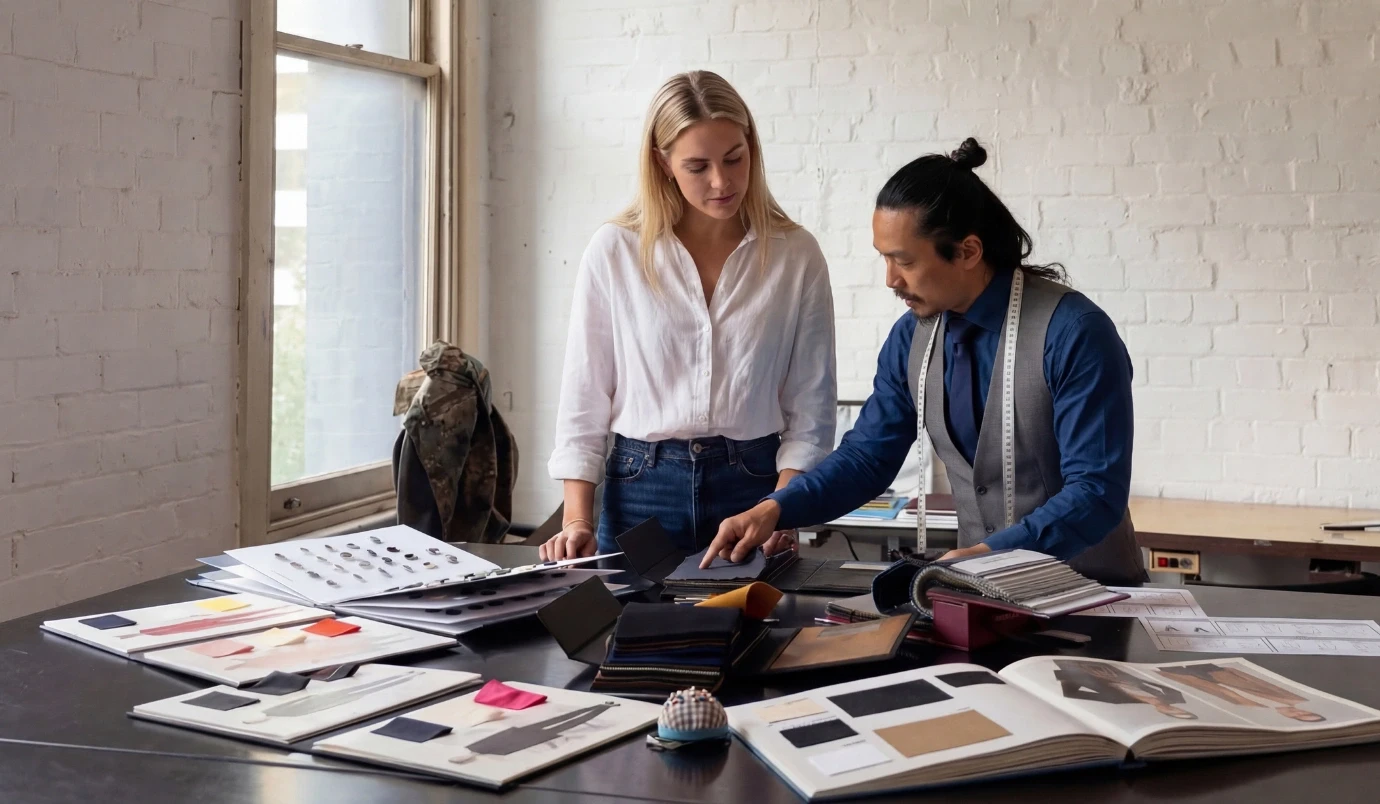 Auckland bespoke tailoring consultation with a designer and client reviewing fabrics, color swatches, and custom suit details on a studio worktable.