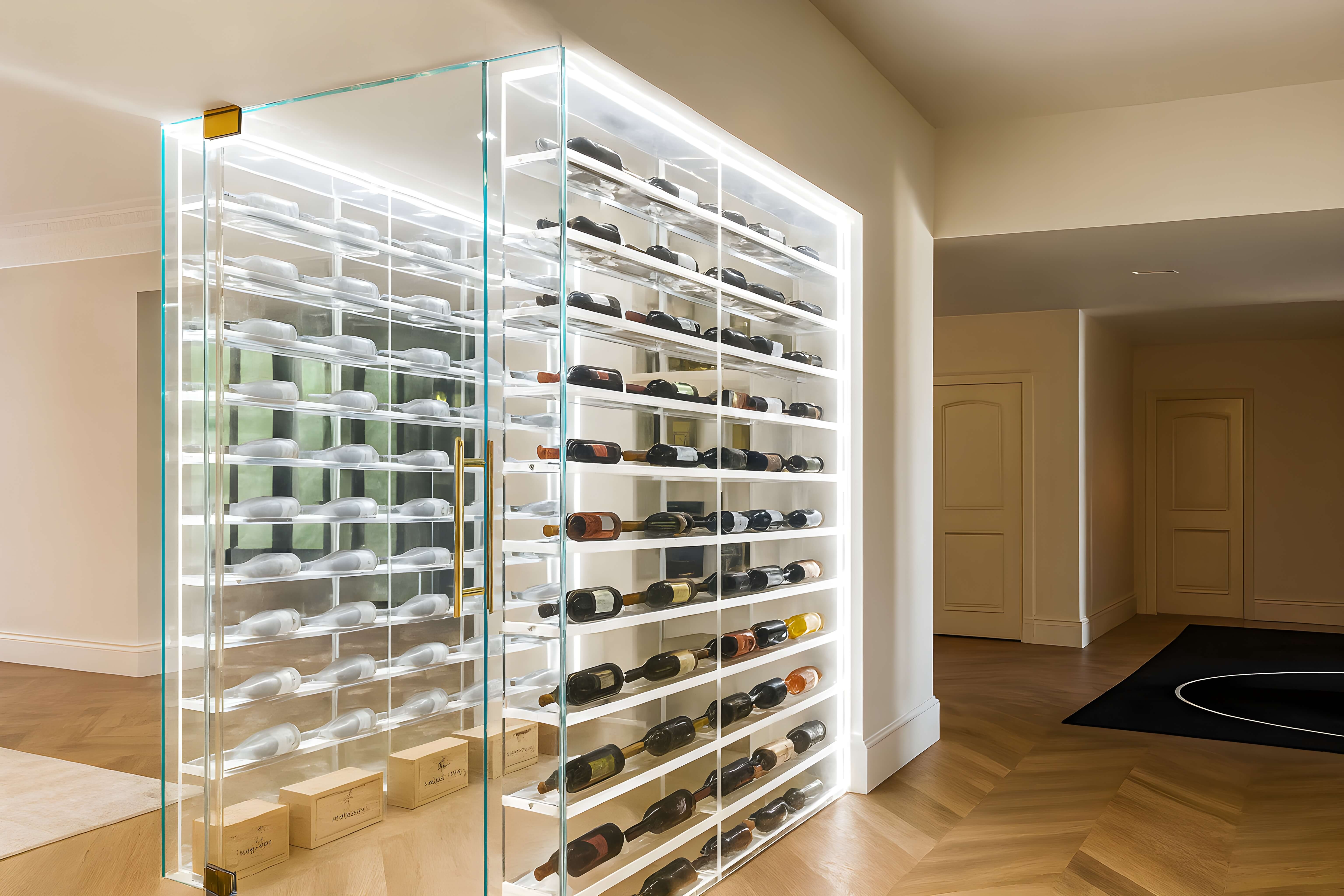 Glass-enclosed wine cellar with illuminated shelving, showcasing an organized collection of wine bottles and wooden cases, set within a modern interior with herringbone wood floors.