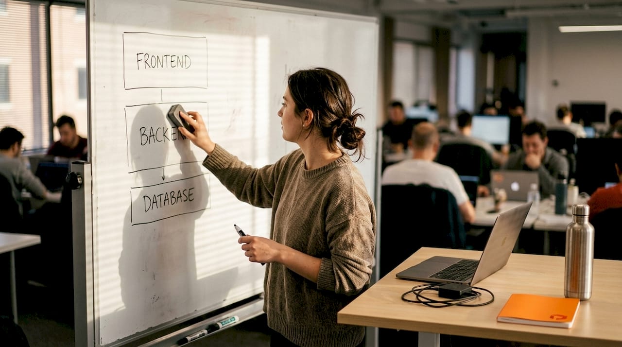 Engineer drawing web app architecture layers