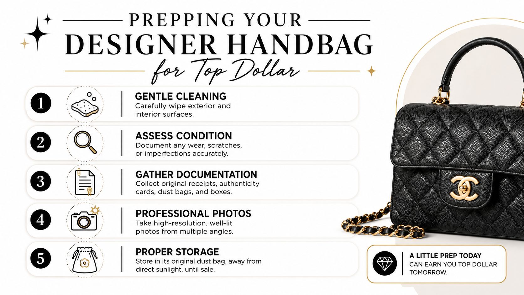 An infographic detailing five essential steps to prepare a luxury designer handbag for successful resale.