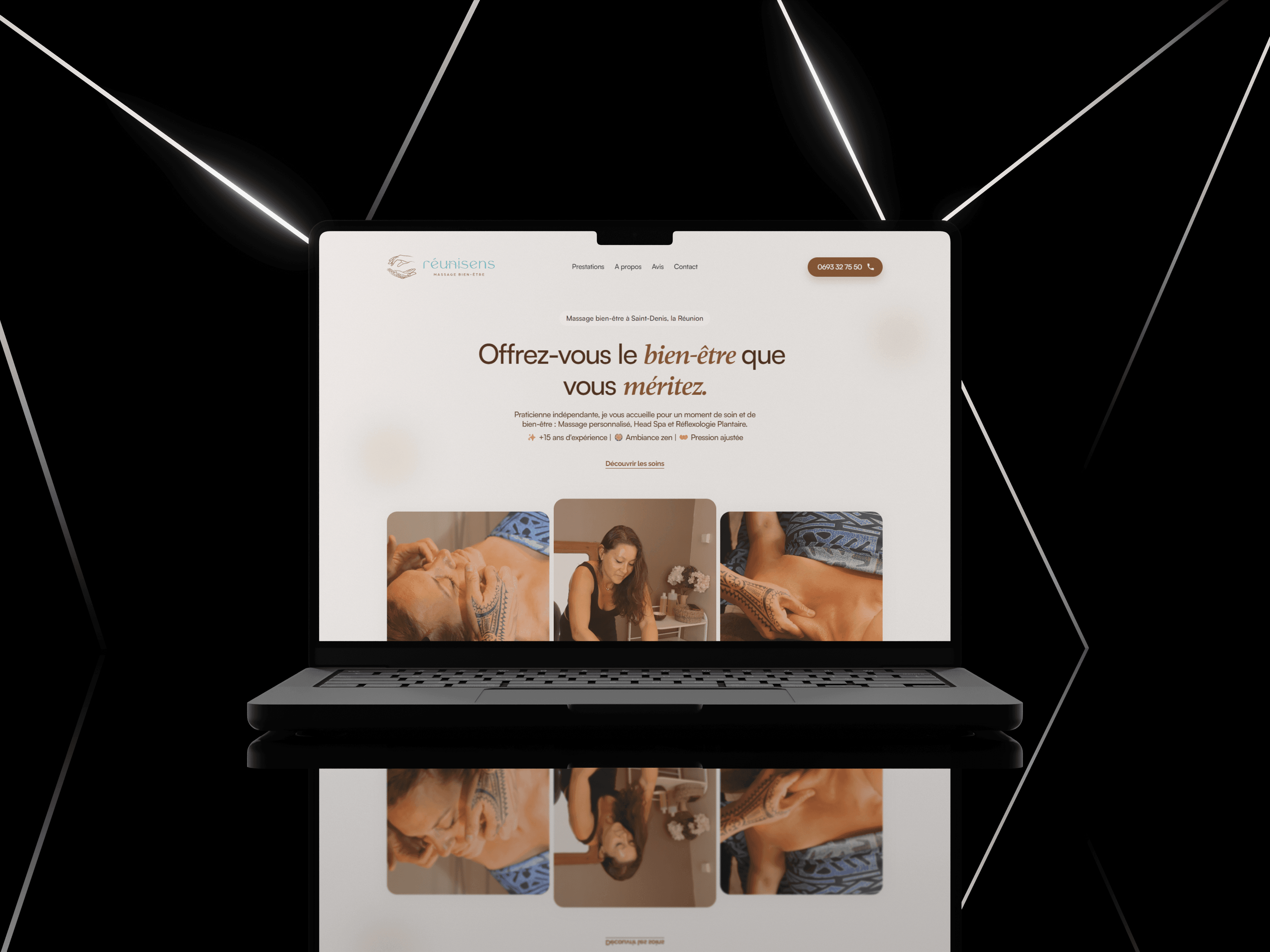 Exemple de création de site internet à La Réunion affiché sur un ordinateur portable, avec une page d’accueil au design moderne et épuré, mettant en avant un message de bien-être et une mise en page professionnelle.