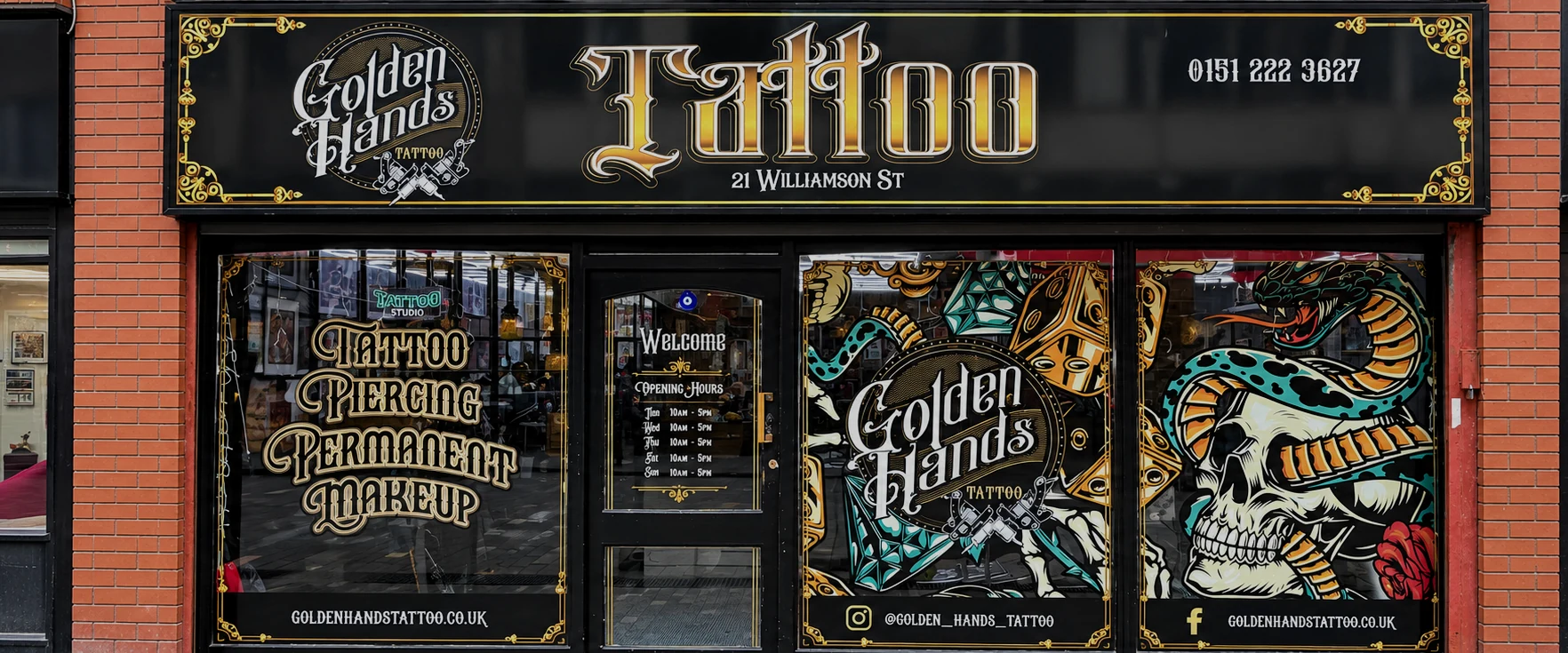 Reception and interior of Golden Hands Tattoo studio in Liverpool