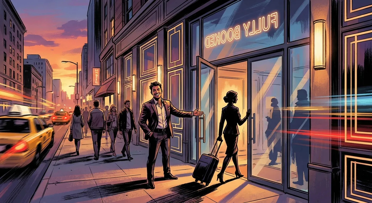 Urban scene at sunset; man welcomes woman with luggage into a building. RockN' Socials Digital Marketing Agency.