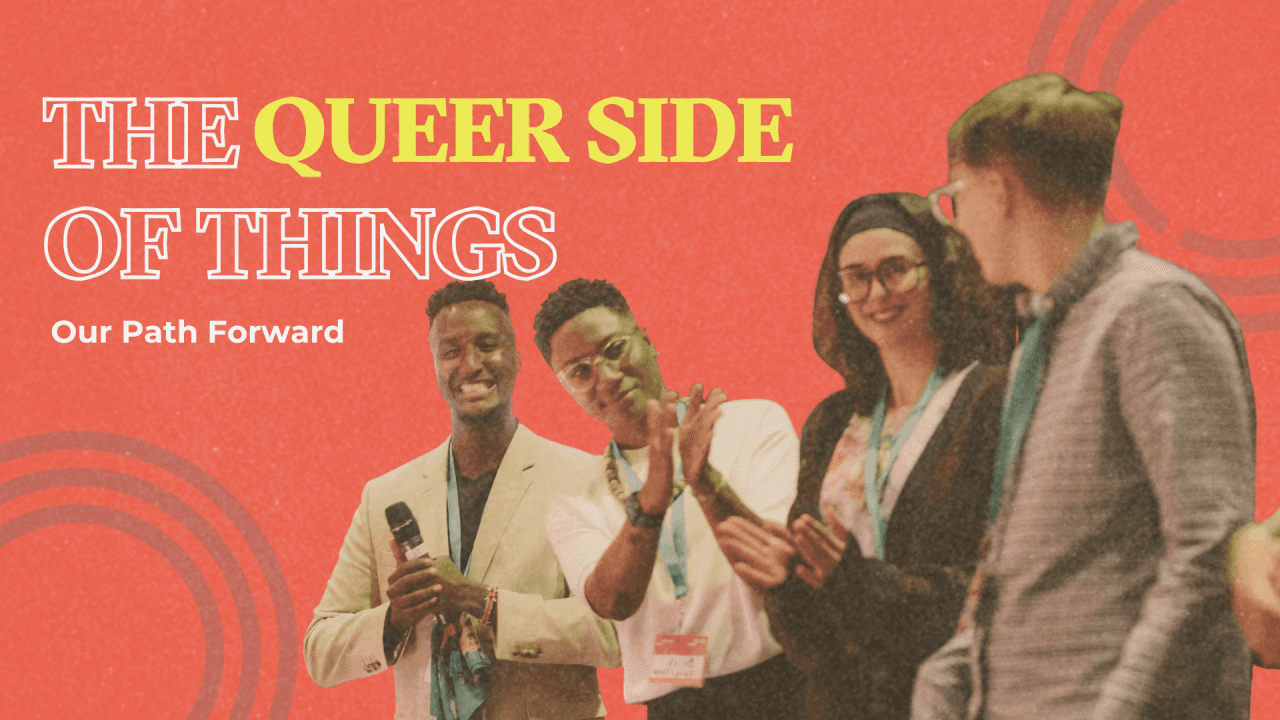A lively event featuring four speakers on stage, celebrating queer culture with colorful backgrounds and lively expressions.