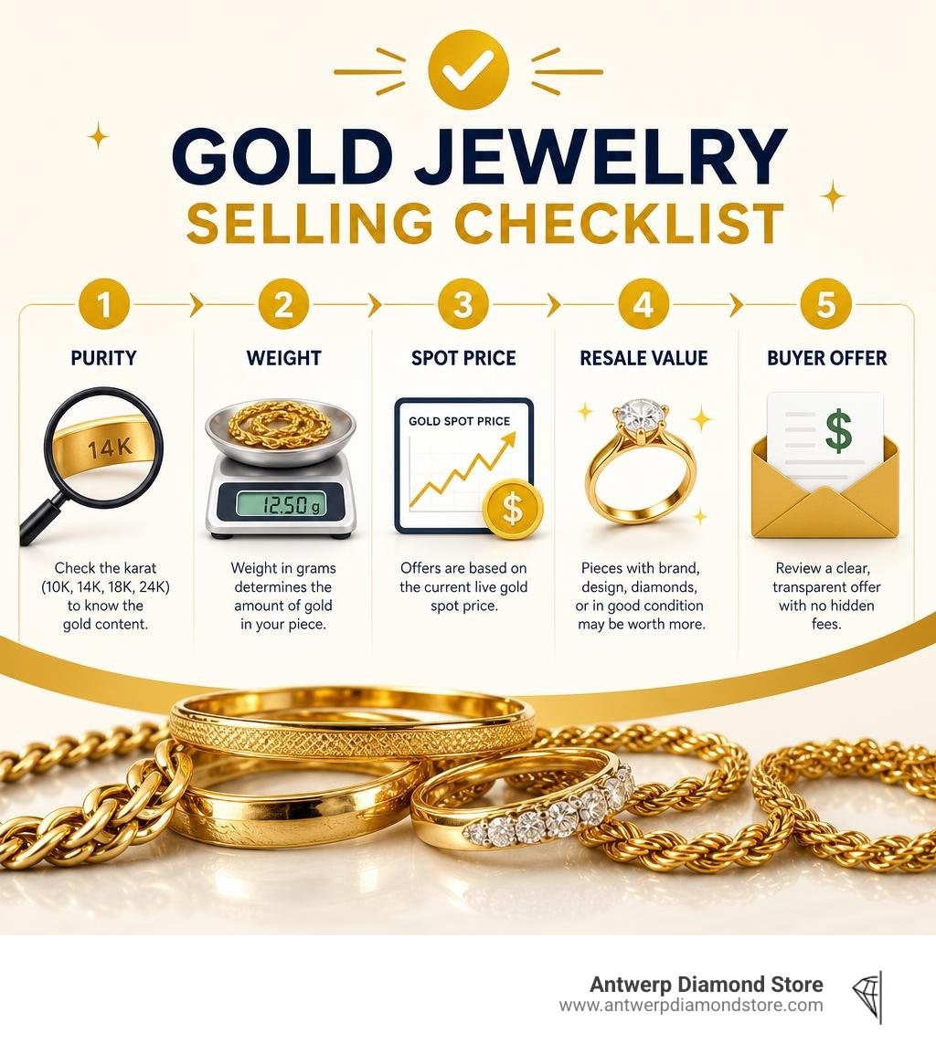 Gold jewelry selling checklist: purity, weight, spot price, resale value, buyer offer infographic