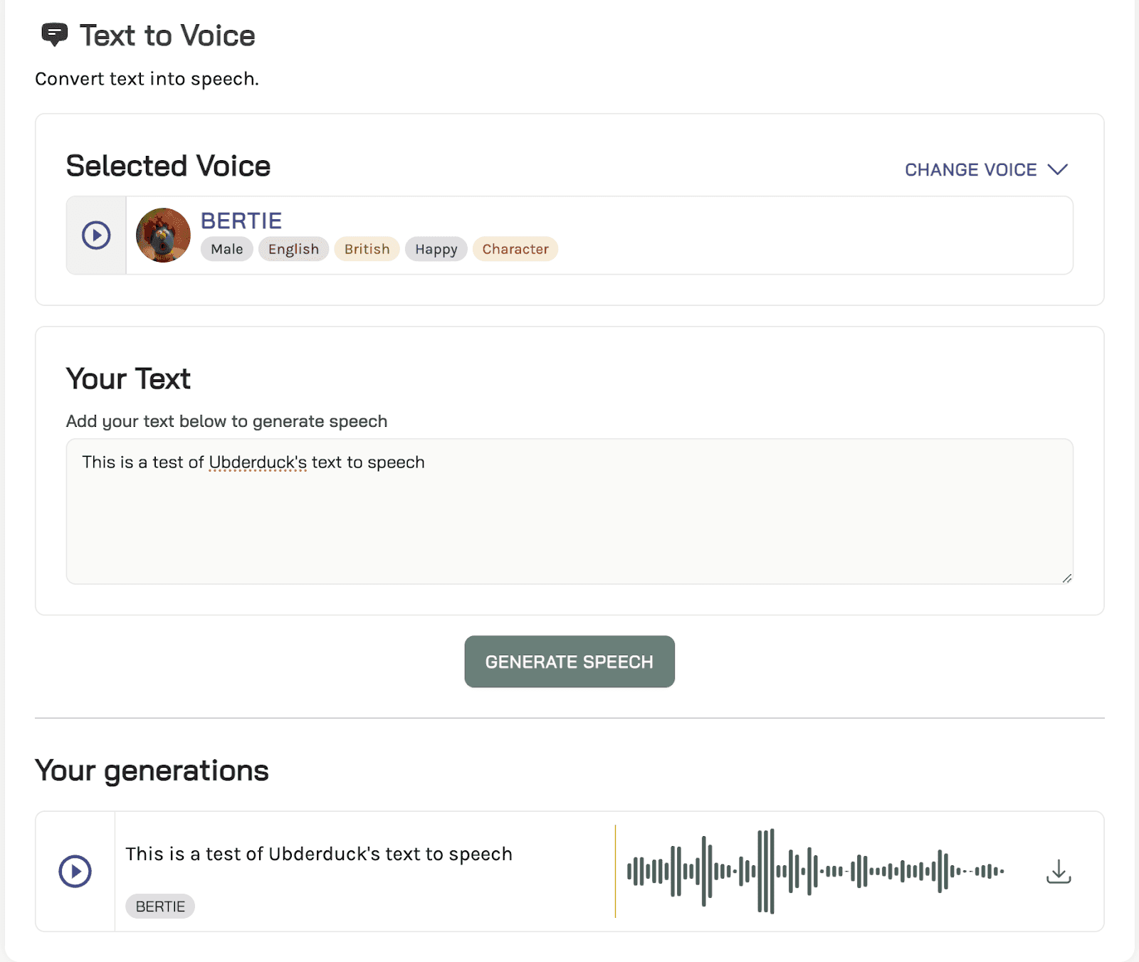 Uberduck text to voice page selected