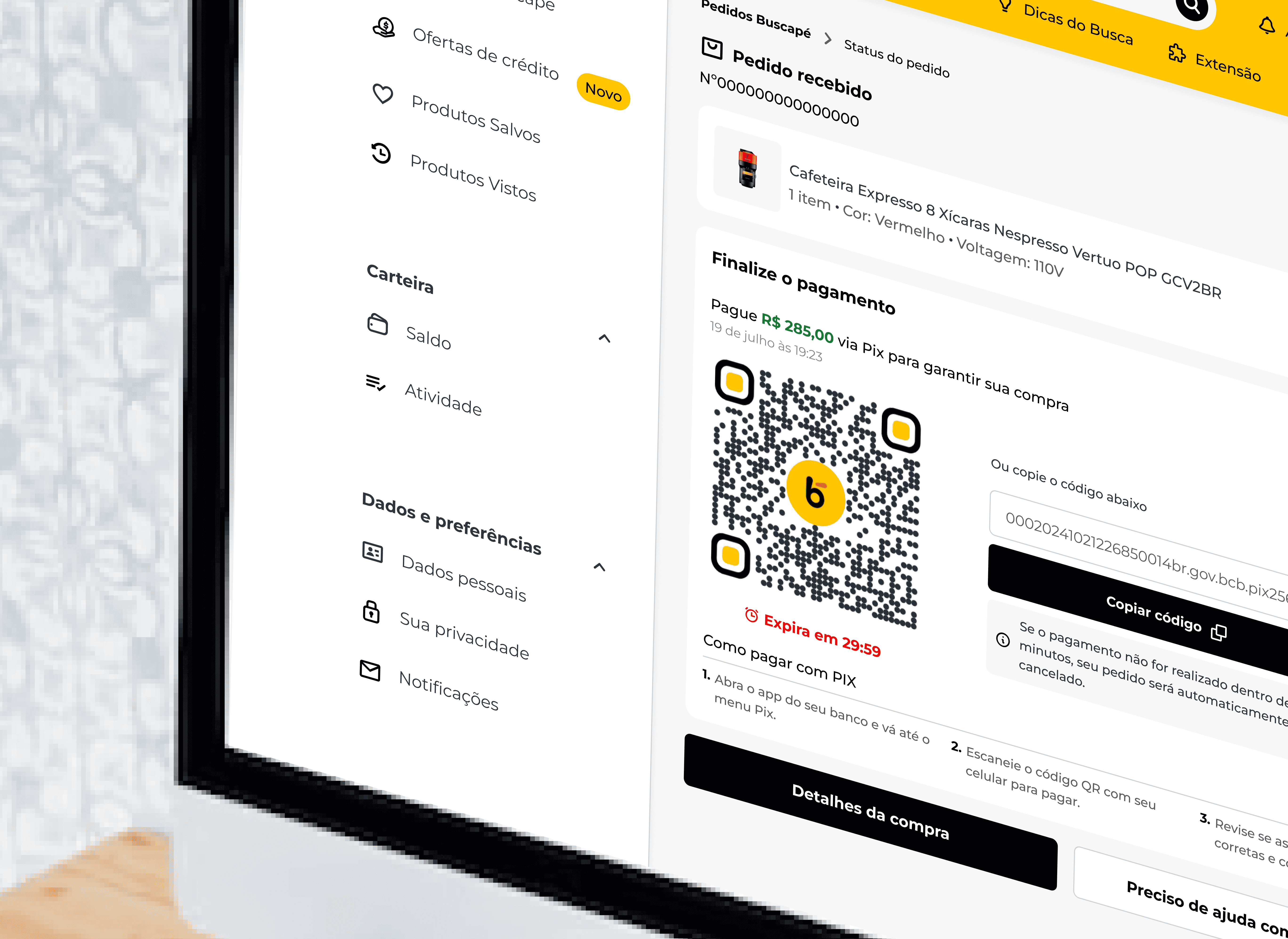 Mockup com foco no código QR personalizado do Buscapé para pagamento do pedido