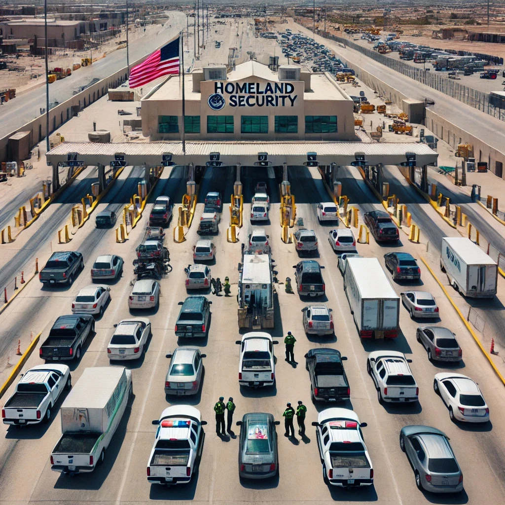 A high-angle view of a U.S. border checkpoint with multiple lanes of vehicles waiting for inspection. Border Patrol agents in uniform, with visible Homeland Security badges, are inspecting vehicles, illustrating the role of Homeland Security in border control.