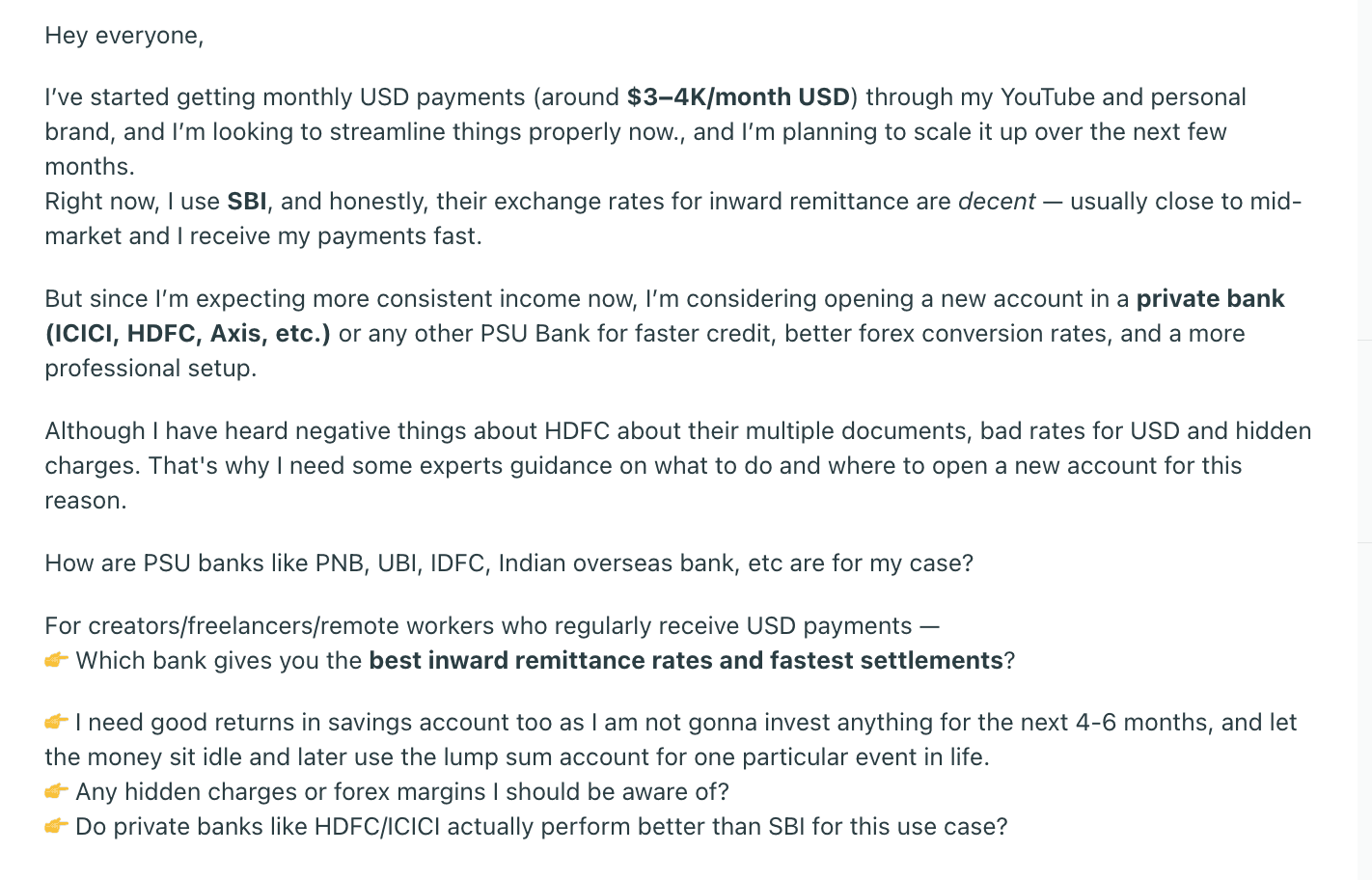 Reddit Thread Asking for Best Bank to Receive USD
