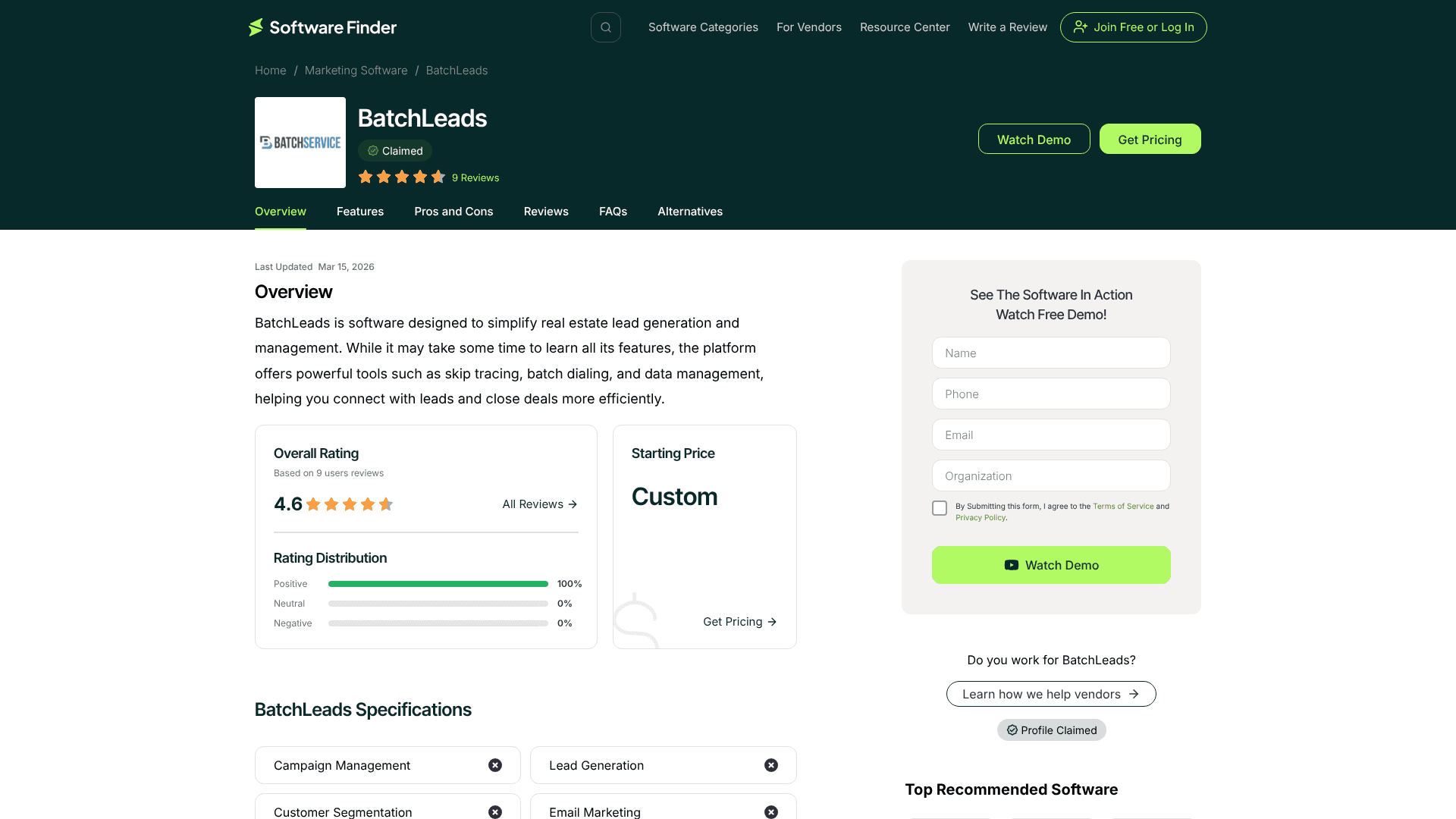 Screenshot of BatchLeads homepage — Real Estate Technology, AI Sales Automation, CRM & Pipeline Management, Lead Generation tool comparison