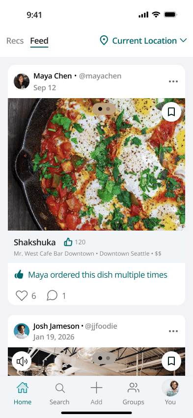 Dynery social feed with a food recommendation