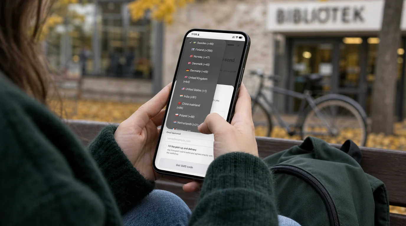 A student outside a library picks a country code from a list that starts with Sweden, Finland, Norway and Denmark