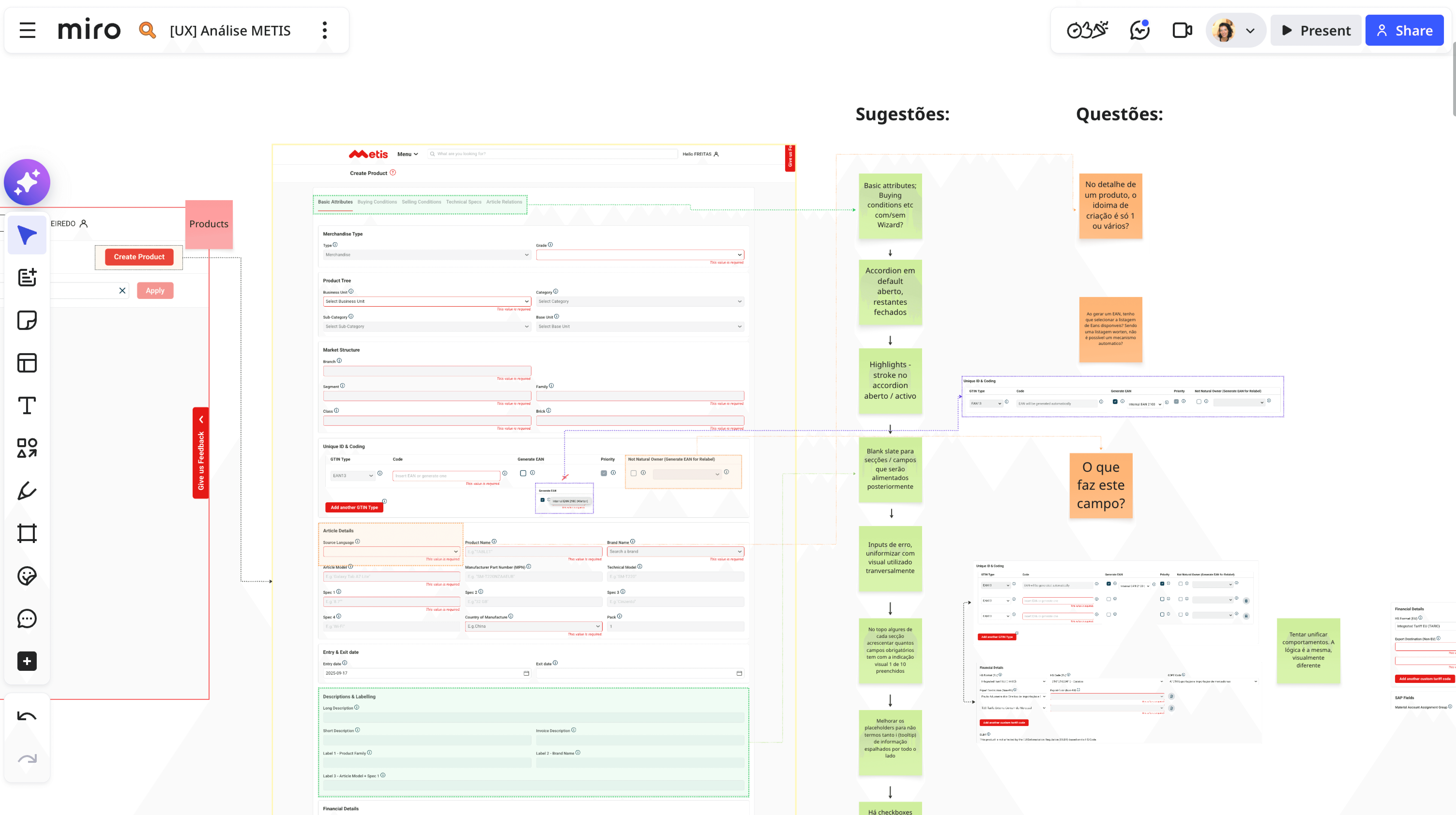 Miro board showing UX analysis of the Atlas Create Product module. Left: annotated screenshot of the existing form with sections for Basic attributes, Buying conditions, Selling conditions, Technical specs, Article definitions, Merchandise type, Product tree, Market structure, Unique ID and coding, Article details, Entry and exit date, and Descriptions and labelling. Right: two columns of suggestions (green sticky notes) and open questions (orange sticky notes) — covering accordion behaviour, highlights, blank slates, input error states, placeholder text, and field logic — used to guide the redesign decisions.