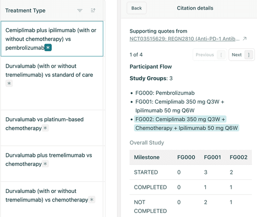 Detailed Elicit citation view with supporting quotes and study milestones