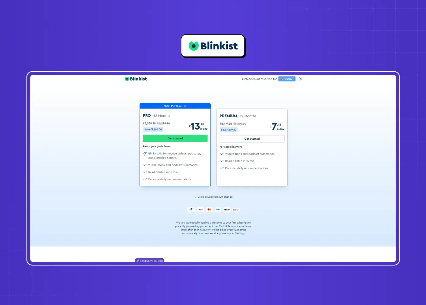 Blinkist subscription page comparing Pro and Premium plans with pricing, feature lists, and a prominent call-to-action.