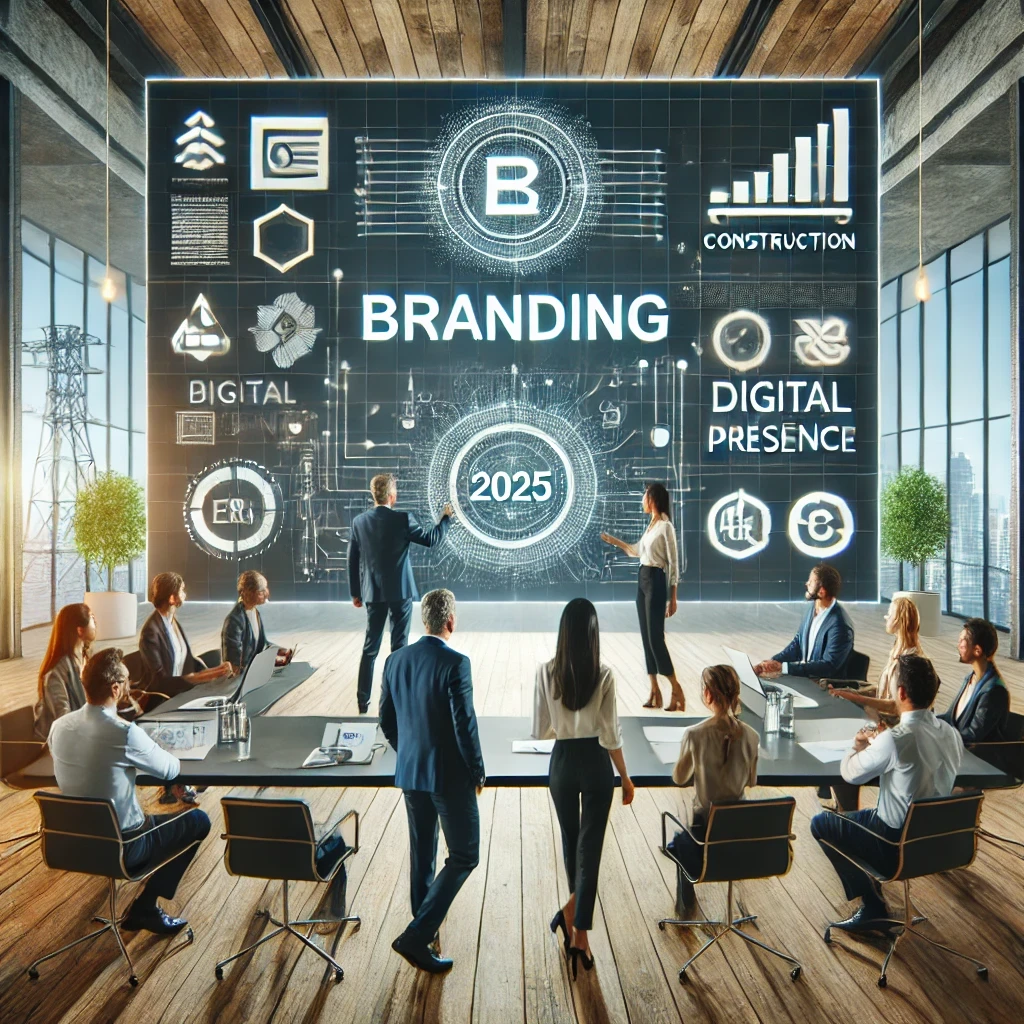 Une équipe de professionnels discutant des dernières stratégies en branding, intégrant logos minimalistes, présence digitale et éléments écoresponsables.