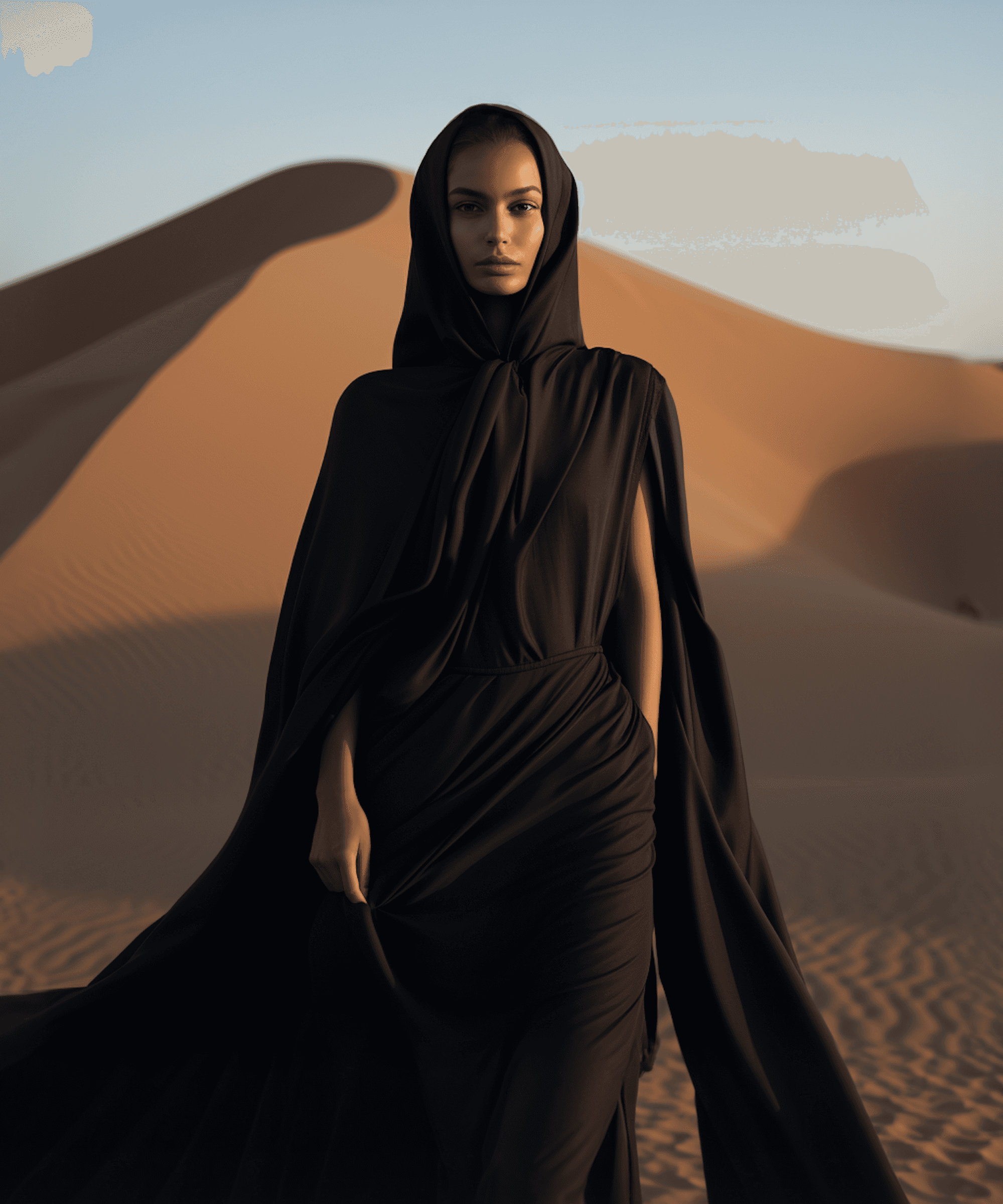 Woman standing in AlUla desert wearing black abaya, symbolizing strength, calm, and connection to the desert landscape.