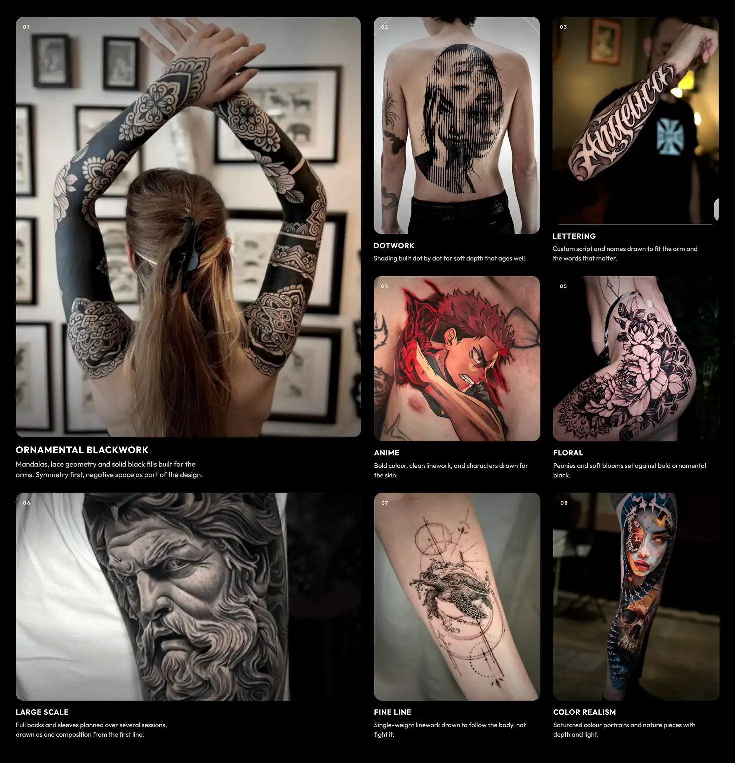 Tattoo style gallery showing different styles: floral, fine line, anime and color realism