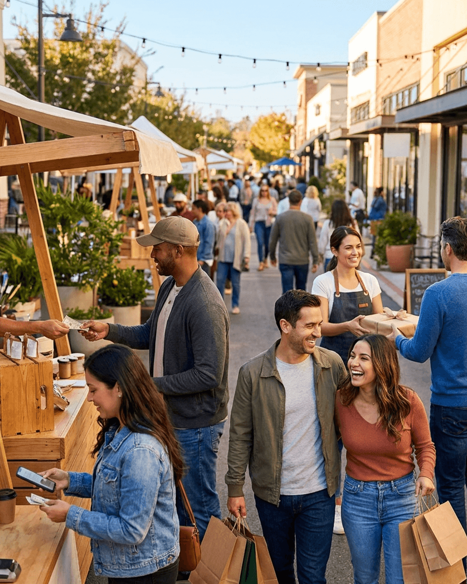 Customers walking down the street at a farmers market