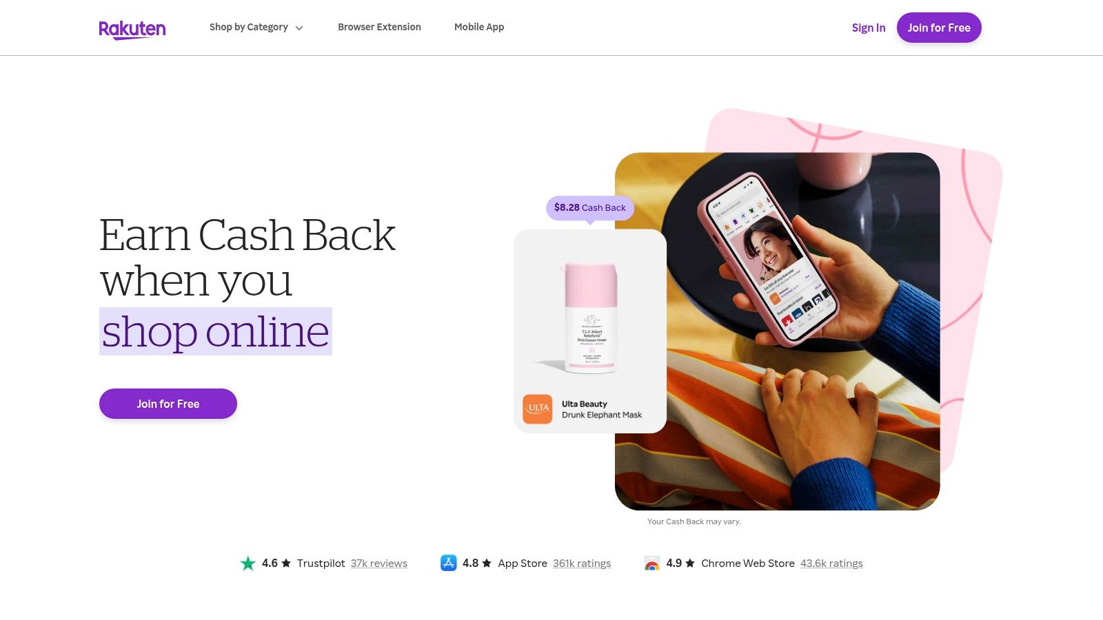 Rakuten cashback app interface showing offers