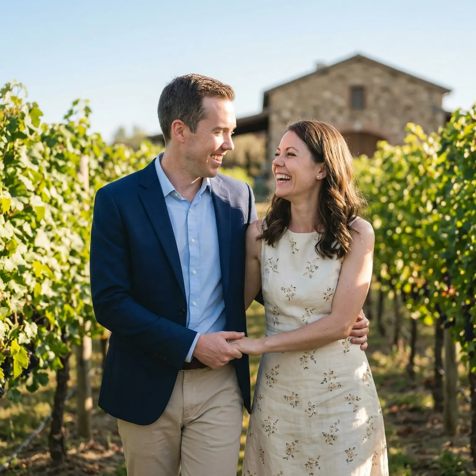 Couple walking hand-in-hand and laughing in a vineyard with a stone house in the background.