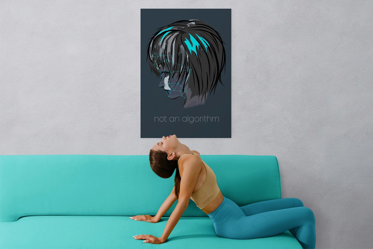 Woman sat underneath not an algorirth m artwork