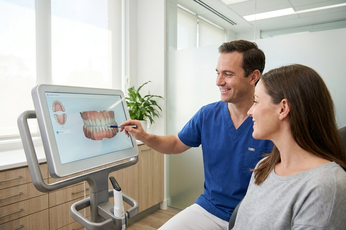 Dentist and patient reviewing a digital 3D dental scan on a monitor
