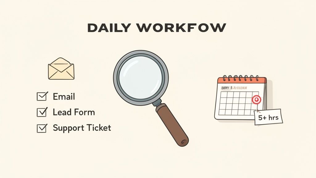 An infographic illustrating daily workflow tasks: email, lead forms, support tickets, search, and time tracking on a calendar.
