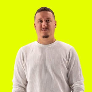 persona portrait image man with orange background and person's image on top