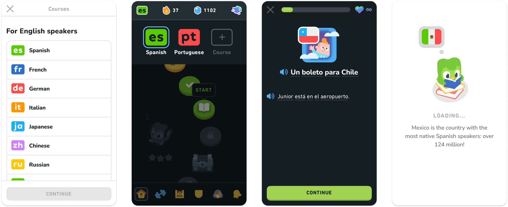 Screenshots of Duolingo's app redesigned to feature stylized text abbreviations representing courses, with flags augmenting content in stories and loading screens.