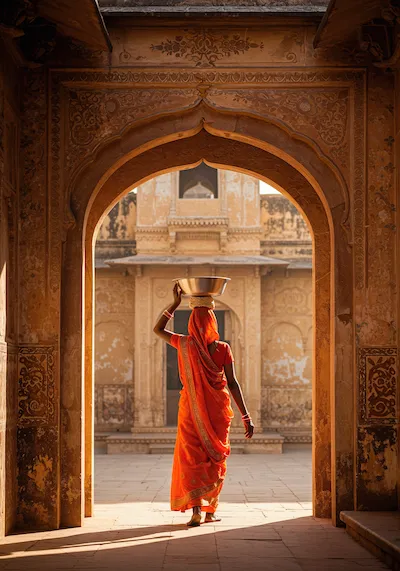 Mulher com traje tradicional atravessando arco histórico na Índia