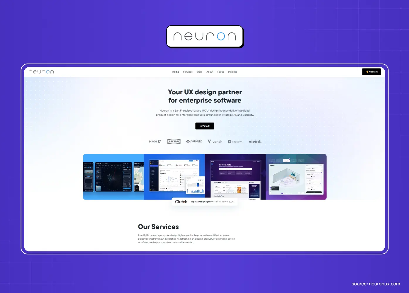 Neuron website promoting UX design services for enterprise software, with a row of digital product interface examples beneath the headline.