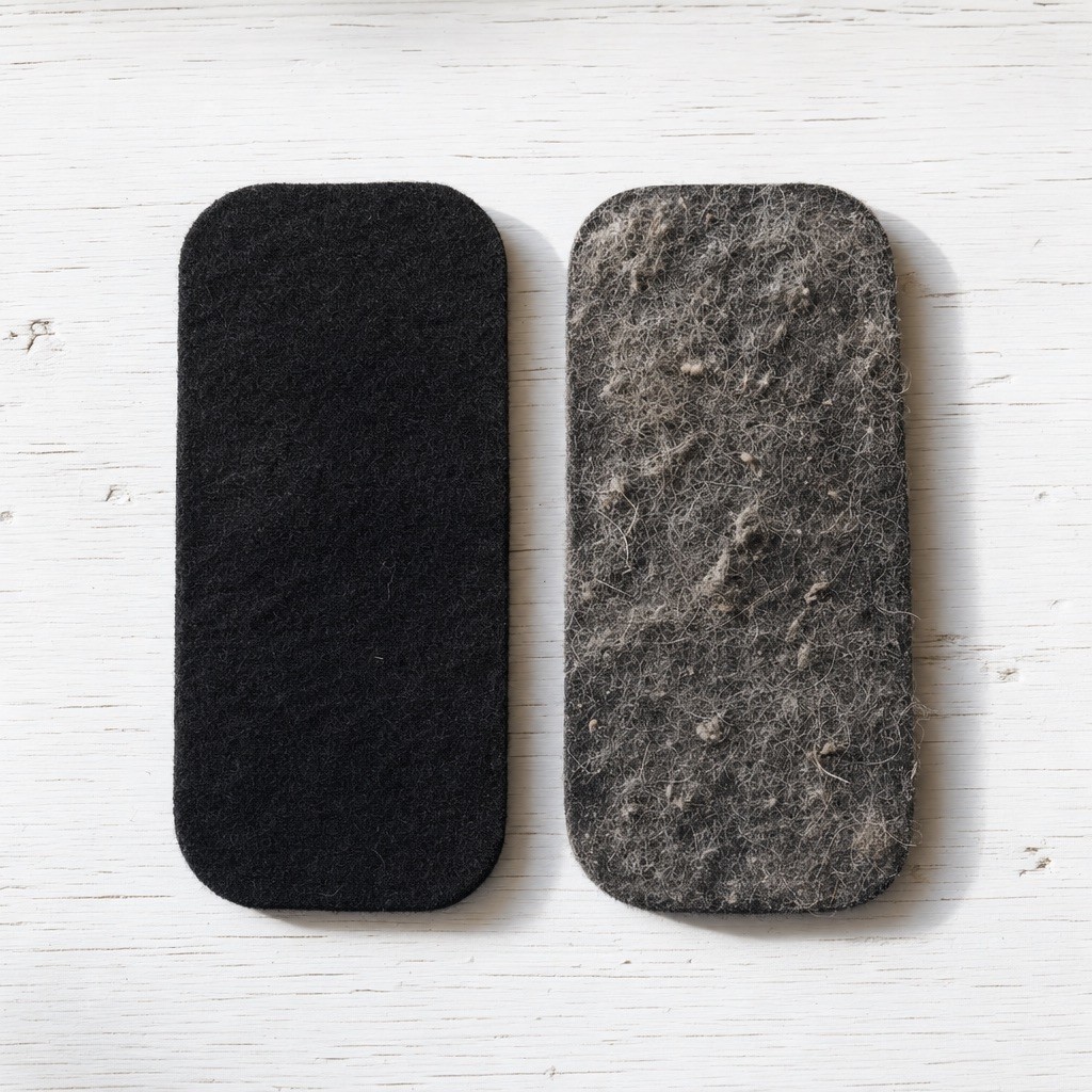 A clean black carbon pad beside a used gray pad