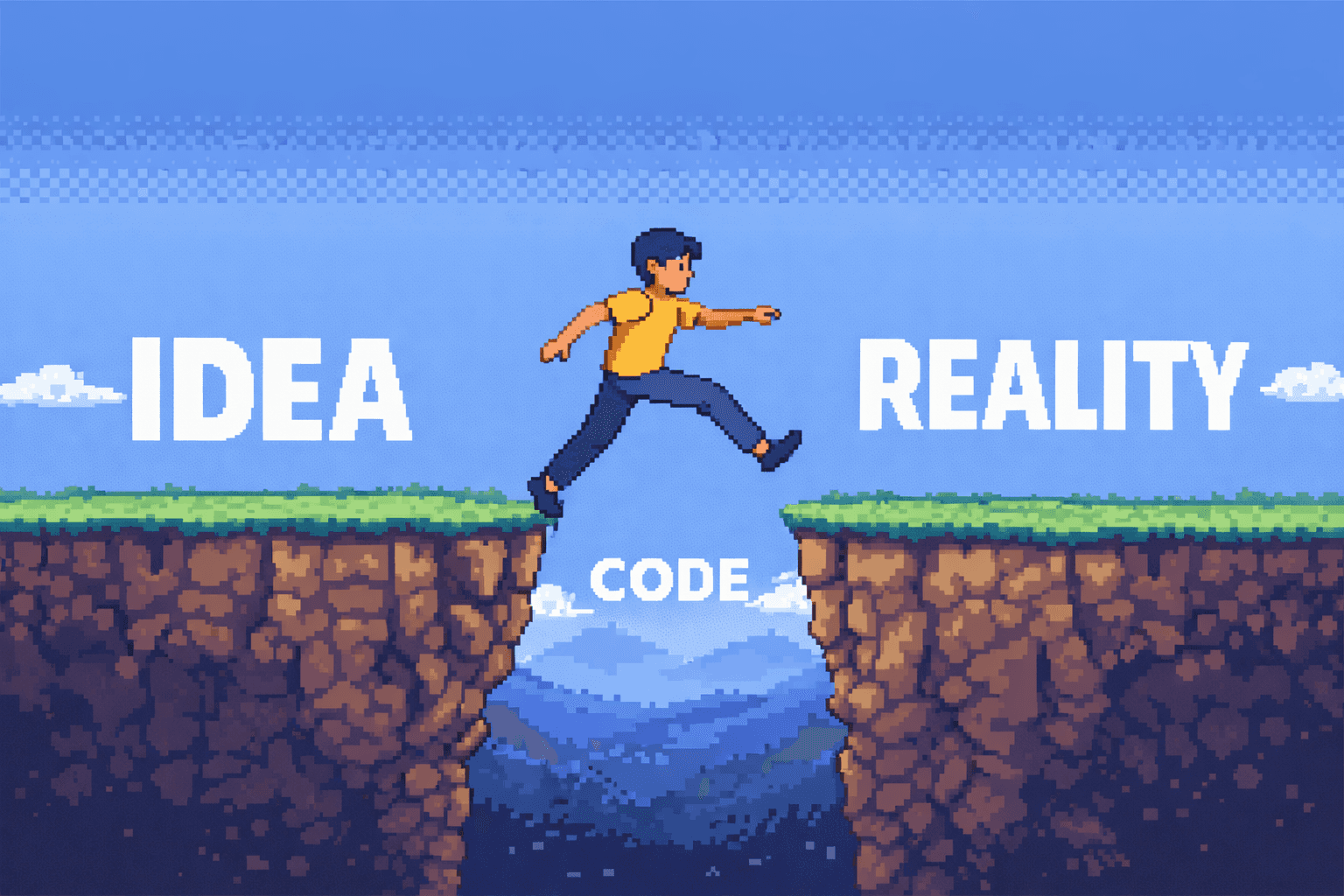 32-bit pixel-art illustration of a person crossing a gap between the words “Idea” and “Reality,” with “Code” placed in the gap.
