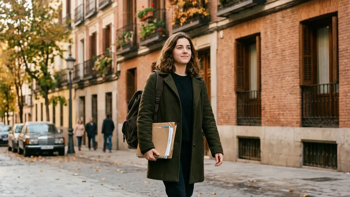 Estudiante de FP con mochila y una carpeta de papeles caminando por una calle de ladrillo de Madrid en otoño