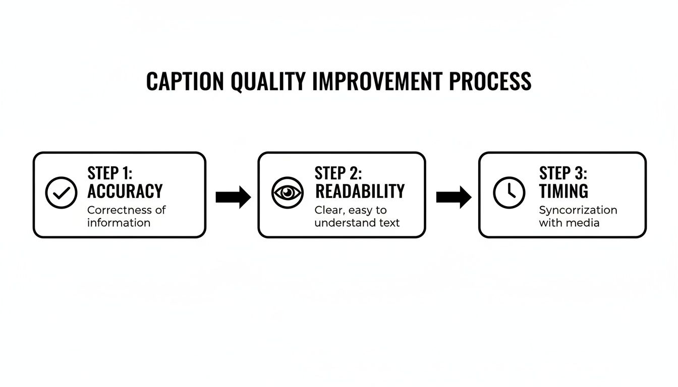 A 3-step diagram illustrating the caption quality improvement process: Accuracy, Readability, and Timing.