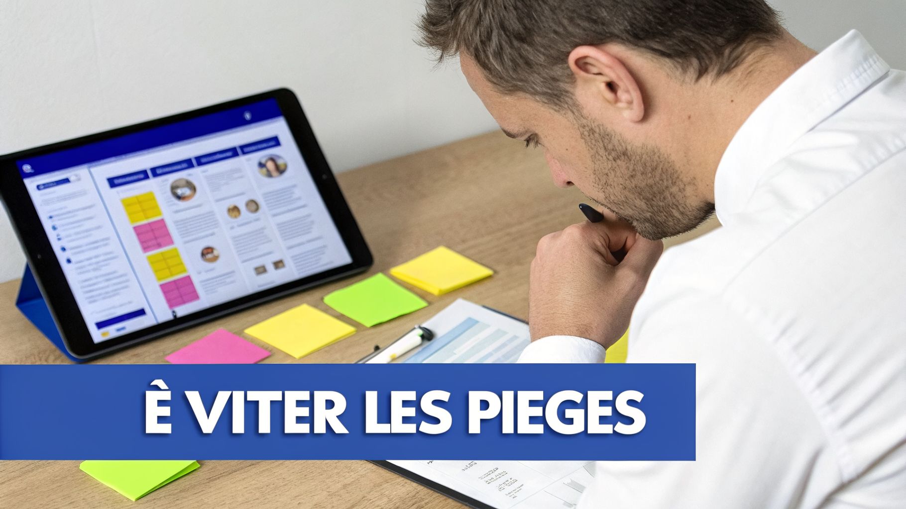 Un homme réfléchit devant une tablette affichant un plan, entouré de notes et du texte « À ÉVITER LES PIÈGES ».
