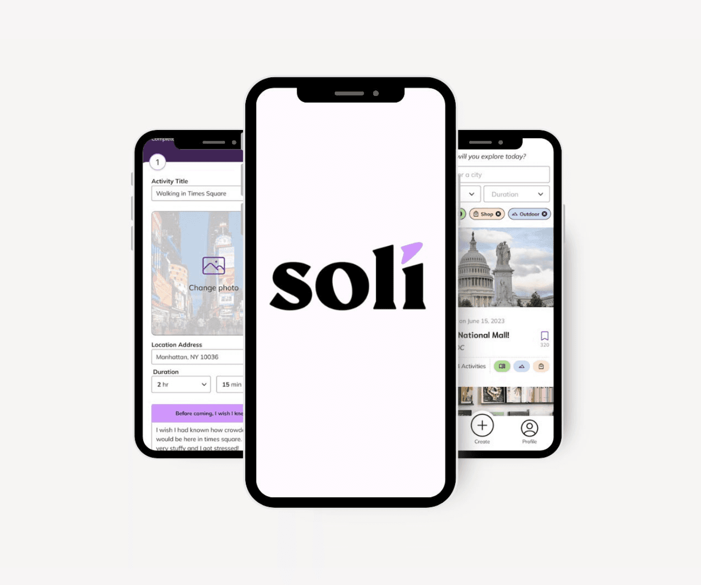 A smartphone screen showcasing the Soli travel app interface, highlighting its sleek layout and features.