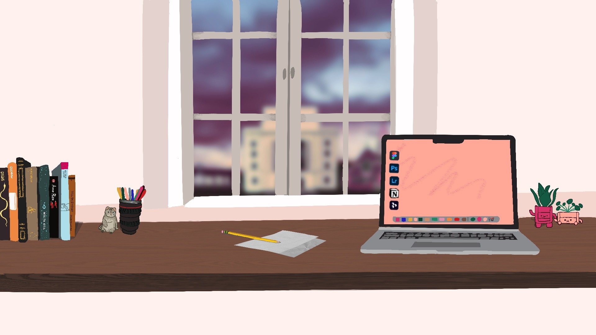 A desk with books, stationery, a notepad with a pencil, a laptop, and potted plants, set in front of a window showing a building and a cloudy sky.